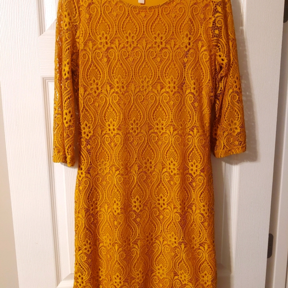 Tacera Women's Yellow Lace Dress - cropped sleeves